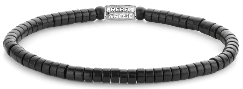 Schwarzes Armband aus scheibenförmigem Blackstone mit Edelstahlverschluss - Rebel&Rose Modell: RR-40073-S-M
