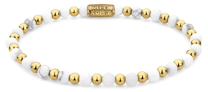 Armband aus 4mm Howlith und goldfarbenen Steinen mit Edelstahlverschluss - Rebel&Rose Modell: RR-40113-G-S