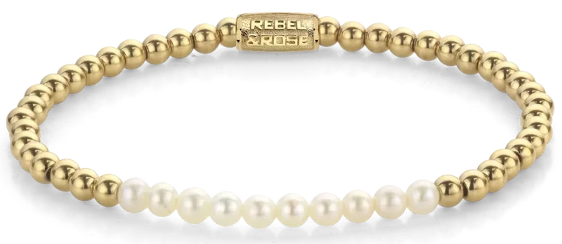 Armband aus 4mm echten Süßwasserperlen und goldfarbenen Steinen mit Edelstahlverschluss - Rebel&Rose Modell: RR-40127-G-S