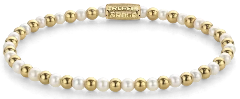 Armband aus 4mm echten Süßwasserperlen und goldfarbenen Steinen mit Edelstahlverschluss - Rebel&Rose Modell: RR-40126-G-S