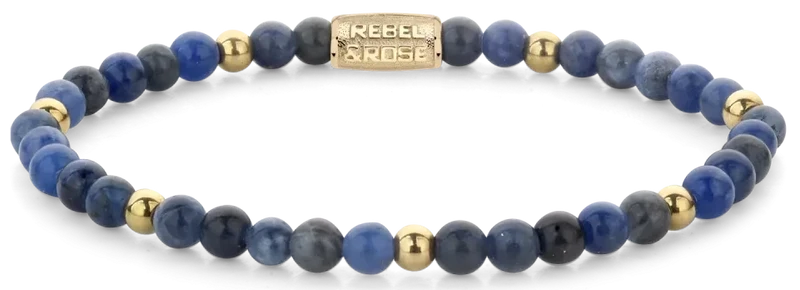 Armband aus 4 mm großen blauen Sodalith-Steinen mit Edelstahlverschluss - Rebel&Rose Modell: RR-40129-G-M