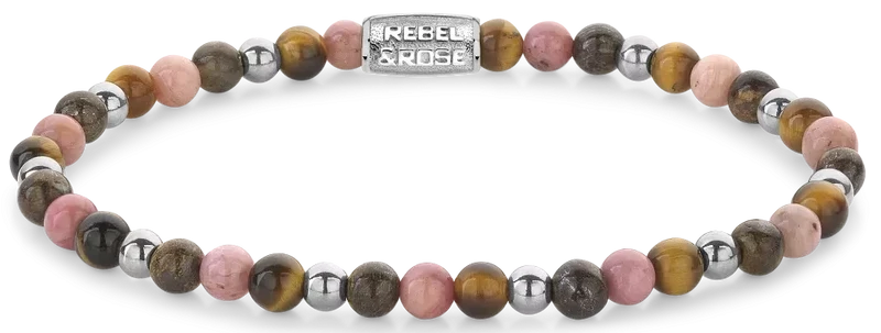 Armband aus 4 mm großen Steinen (Hämatit, Tigerauge, Rhodochrosit und Bronzit) mit Edelstahlverschluss - Rebel&Rose Modell: RR-40128-S-S
