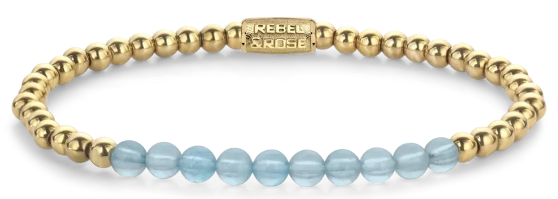 Armband aus 4mm echten Aquamarinperlen, 4mm großen, goldplattierten Edelstahlsteinen und Edelstahlverschluss - Rebel&Rose Modell: RR-40137-G-S