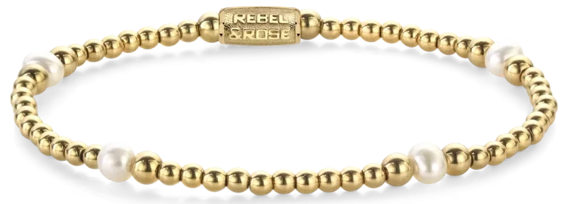 Armband aus 4mm echten Süßwasserperlen, 3 und 4mm großen, goldplattierten Edelstahlsteinen und Edelstahlverschluss - Rebel&Rose Modell: RR-40136-G-S