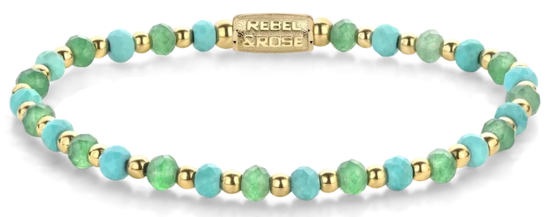 Armband aus 4mm Türkis- und grünen Aventurin-Facettenperlen und Edelstahlverschluss - Rebel&Rose Modell: RR-40143-G-M