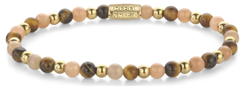 Armband aus 4mm Steinen (Tigerauge, Sonnenstein, goldfarbene Steine) und Edelstahlverschluss - Rebel&Rose Modell: RR-40140-G-S