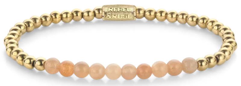 Armband aus 4mm echten Sonnensteinperlen, 4mm großen, goldplattierten Edelstahlsteinen und Edelstahlverschluss - Rebel&Rose Modell: RR-40139-G-S