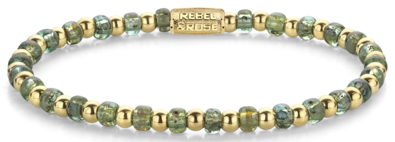 Armband aus 4mm grünen Glassteinen, goldplattierten Edelstahlsteinchen und Edelstahlverschluss - Rebel&Rose Modell: RR-40145-G-M