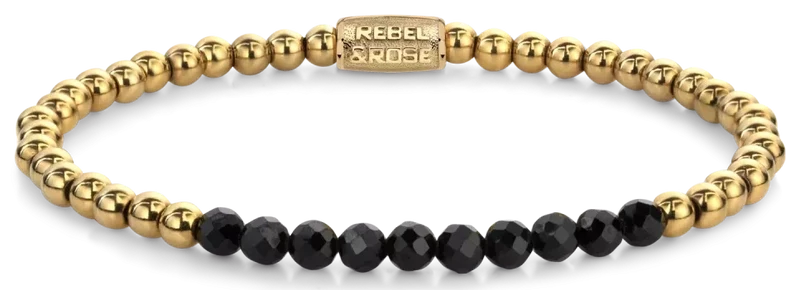 Armband aus 4mm facettierten Black Spinel Perlen, goldplattierten Edelstahlsteinchen und Edelstahlverschluss - Rebel&Rose Modell: RR-40152-G-M