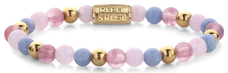 Armband aus 6mm Edelsteinen Kirschquarz, Rosa quarz und Blauer Chalcedon, goldfarbene Steine und Edelstahlverschluss - Rebel&Rose Modell: RR-60055-G-M