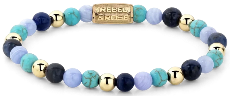 Armband aus 6mm Steinen Sodalit, Turqurenit und Blauer Chalcedon goldfarbene Steine und Edelstahlverschluss - Rebel&Rose Modell: RR-60043-G-S