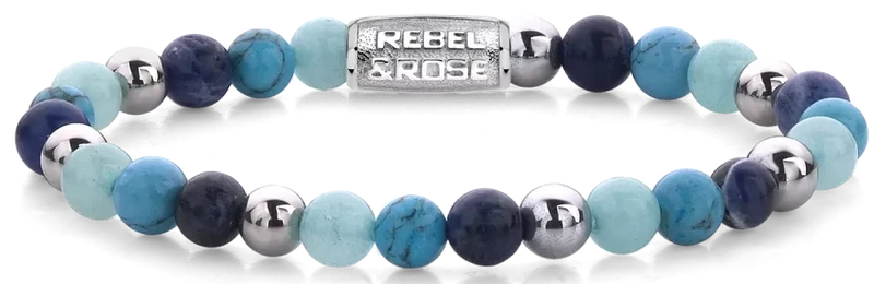 Armband aus 6mm Edelsteinen Sodalit, Turqurenit und Blauer Jade silberfarbene Steine und Edelstahlverschluss - Rebel&Rose Modell: RR-60056-S-M