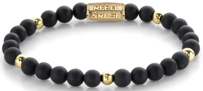 Armband aus 6mm schwarzen und goldfarbenen Steinen mit Edelstahlverschluss - Rebel&Rose Modell: RR-60078-G-S