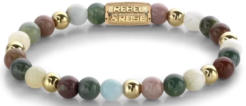 Armband aus 6mm verschiedenfarbigen Edelsteinen und goldfarbene Steine und Edelstahlverschluss - Rebel&Rose Modell: RR-60077-G-S