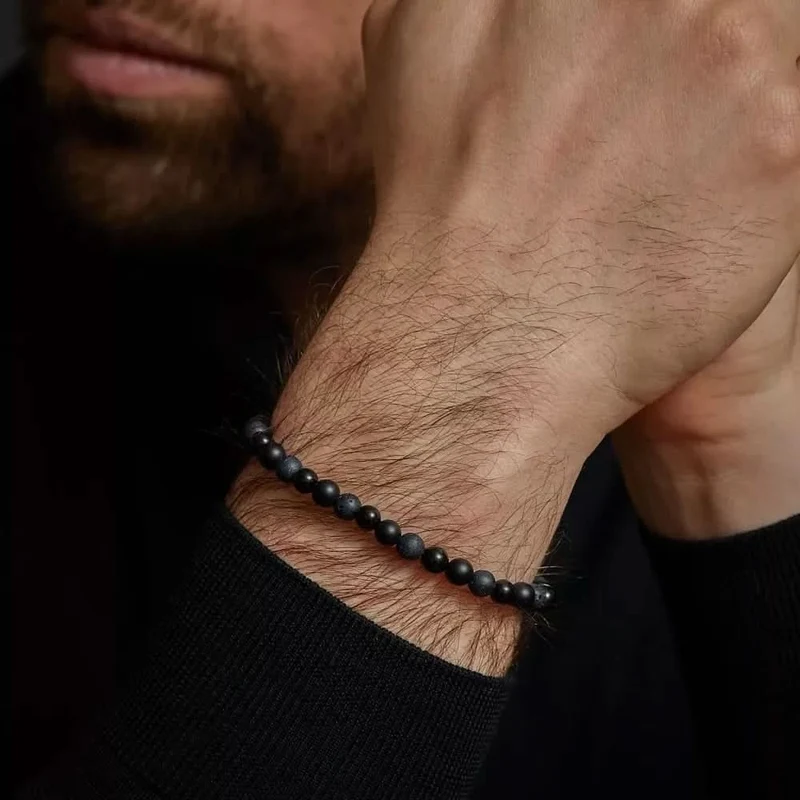 Armband aus 6mm schwarzen Naturstein mit schwarzem Edelstahlverschluss - Rebel&Rose Modell: RR-60088-B-M