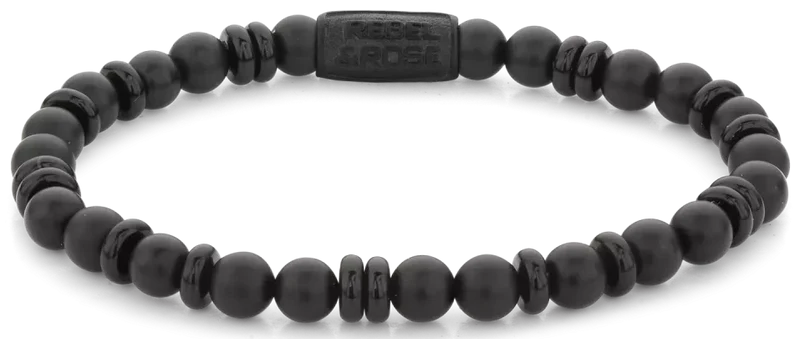 Armband aus 6mm schwarzen Onyx-Naturstein (teils scheibenförmig, teils perlenförmig) mit schwarzem Edelstahlverschluss - Rebel&Rose Modell: RR-60107-B-L