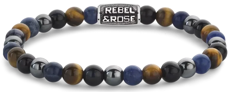 Armband aus 6mm Sodalith, gelbem Tigerauge, blauem Tigerauge und grauem Hämatit Edelsteinen mit grauem Edelstahlverschluss - Rebel&Rose Modell: RR-60110-V-L