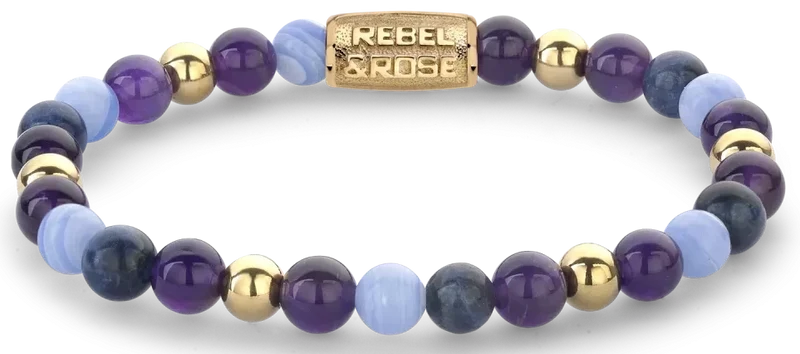 Armband aus 6mm Steinen (Amethyst, Sodalith, Achat, Stahl 18 Karat vergoldet) mit goldplattiertem Edelstahlverschluss - Rebel&Rose Modell: RR-60109-G-S
