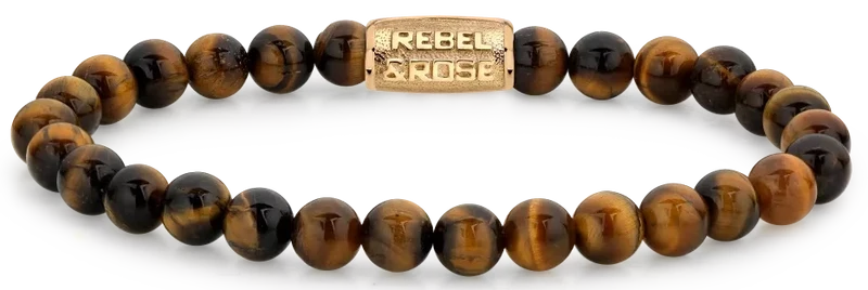 Armband aus 6mm Naturstein in Tigeraugeoptik mit goldplattiertem Edelstahlverschluss - Rebel&Rose Modell: RR-60120-G-S