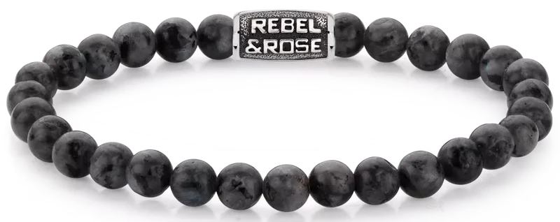 Armband aus 6mm schwarzen Larvikit-Edelsteinen mit schwarzem Edelstahlverschluss - Rebel&Rose Modell: RR-60117-V-L