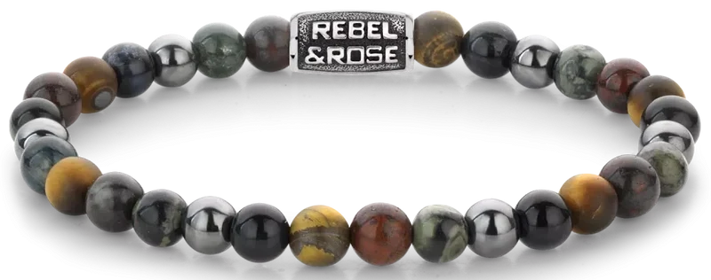 Armband aus 6mm Brekzien-Jaspis, gelbem Tigerauge, blauem Tigerauge, Ryolith und grauem Hämatit Edelsteinen mit grauem Edelstahlverschluss - Rebel&Rose Modell: RR-60128-V-S