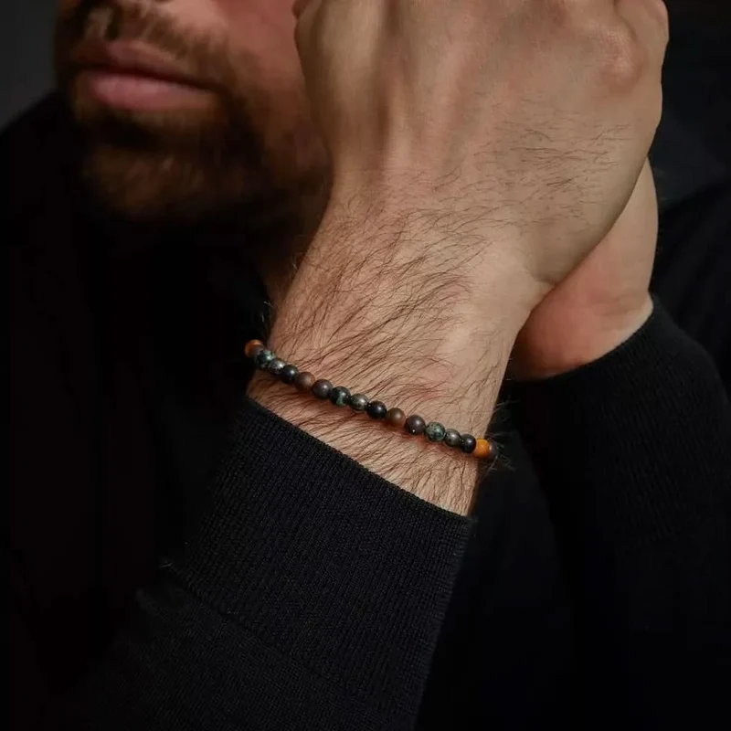 Armband aus 6mm Brekzien-Jaspis, gelbem Tigerauge, blauem Tigerauge, Ryolith und grauem Hämatit Edelsteinen mit grauem Edelstahlverschluss - Rebel&Rose Modell: RR-60128-V-L