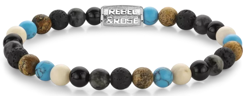 Armband aus 6mm Edelsteinen (Achat, Larvikit, Lavastein, Bild Jaspis, Turqurenit). Edelsteinen mit grauem Edelstahlverschluss - Rebel&Rose Modell: RR-60131-S-M