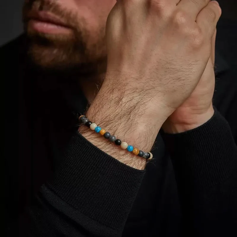 Armband aus 6mm Edelsteinen (Achat, Larvikit, Lavastein, Bild Jaspis, Turqurenit). Edelsteinen mit grauem Edelstahlverschluss - Rebel&Rose Modell: RR-60131-S-M