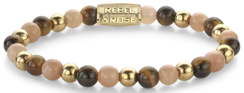 Armband aus 6mm (Tigerauge, Sonnenstein, goldfarbene Steine) mit goldplattiertem Edelstahlverschluss - Rebel&Rose Modell: RR-60129-G-S