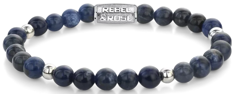 Armband aus 6mm großen blauen Sodalith-Steinen Edelsteinen mit Edelstahlverschluss - Rebel&Rose Modell: RR-60138-S-M