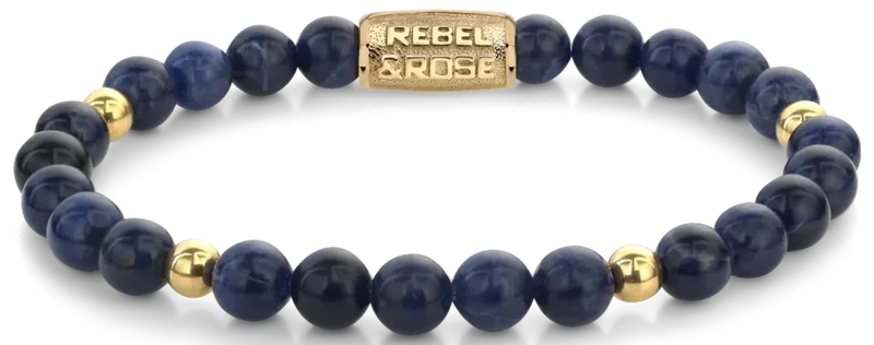 Armband aus 6mm großen blauen Sodalith-Steinen Edelsteinen mit goldplattiertem Edelstahlverschluss - Rebel&Rose Modell: RR-60137-G-S