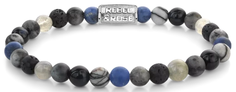 Armband aus 6mm großen Sodalithblau, Achat, Tigeraugeblau, Larvenkitgrau, Labradorit und Lavasteinen mit Edelstahlverschluss - Rebel&Rose Modell: RR-60142-S-L