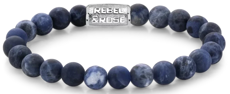 Armband aus 8mm großen Sodalitsteinen mit Edelstahlverschluss - Rebel&Rose Modell: RR-80022-S-L