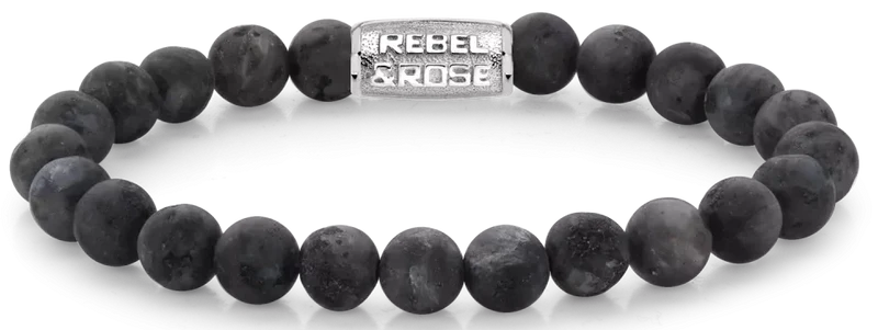 Armband aus 8mm großen Larvikit-Steinen mit Edelstahlverschluss - Rebel&Rose Modell: RR-80025-S-M
