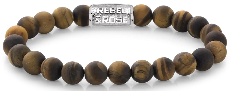 Armband aus 8mm großen Tigerauge-Steinen mit Edelstahlverschluss - Rebel&Rose Modell: RR-80023-S-L