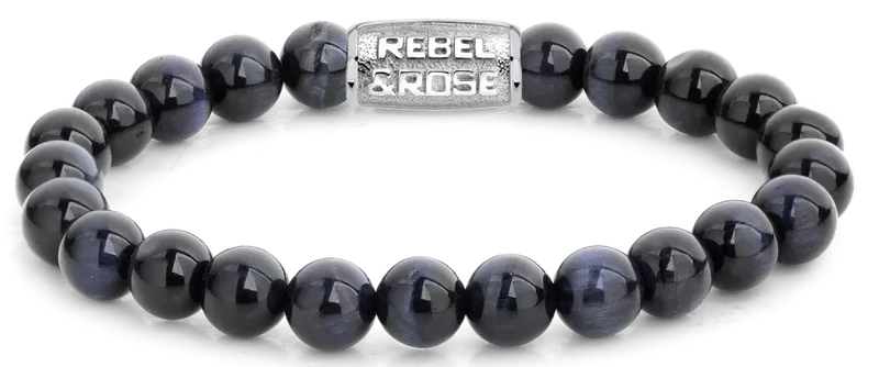 Armband aus 8mm großen dunkelblauen Tigerauge-Steinen mit Edelstahlverschluss - Rebel&Rose Modell: RR-80039-S-L