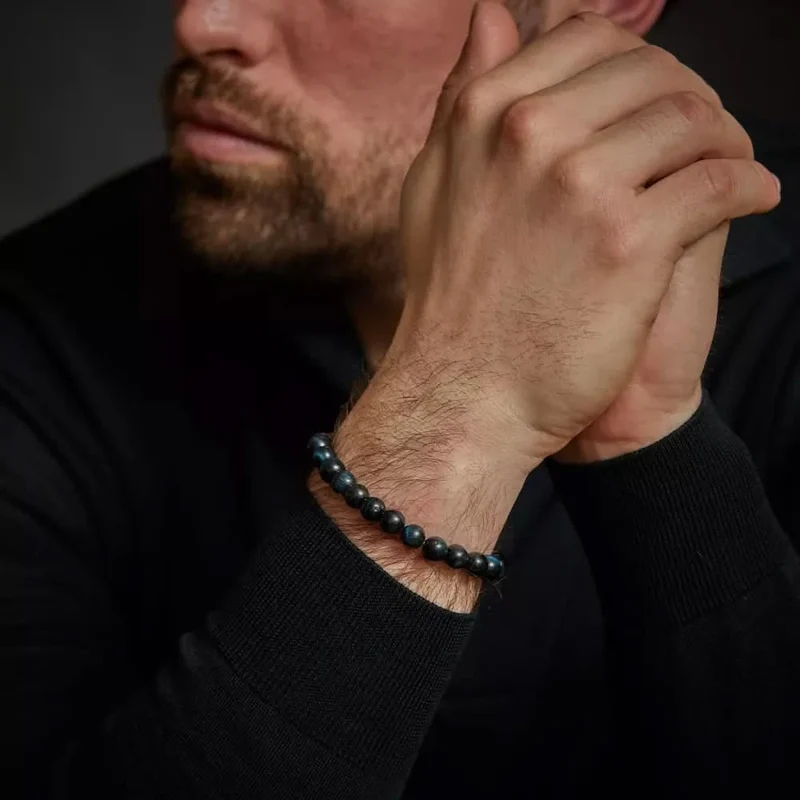 Armband aus 8mm großen dunkelblauen Tigerauge-Steinen mit Edelstahlverschluss - Rebel&Rose Modell: RR-80039-S-L