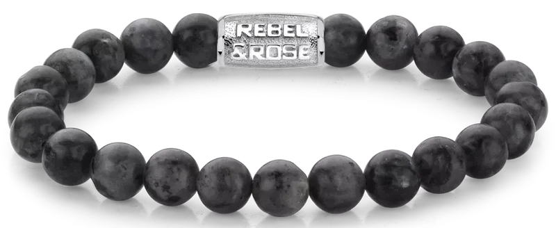 Armband aus 8mm großen Larvikit-Steinen mit Edelstahlverschluss - Rebel&Rose Modell: RR-80026-S-M