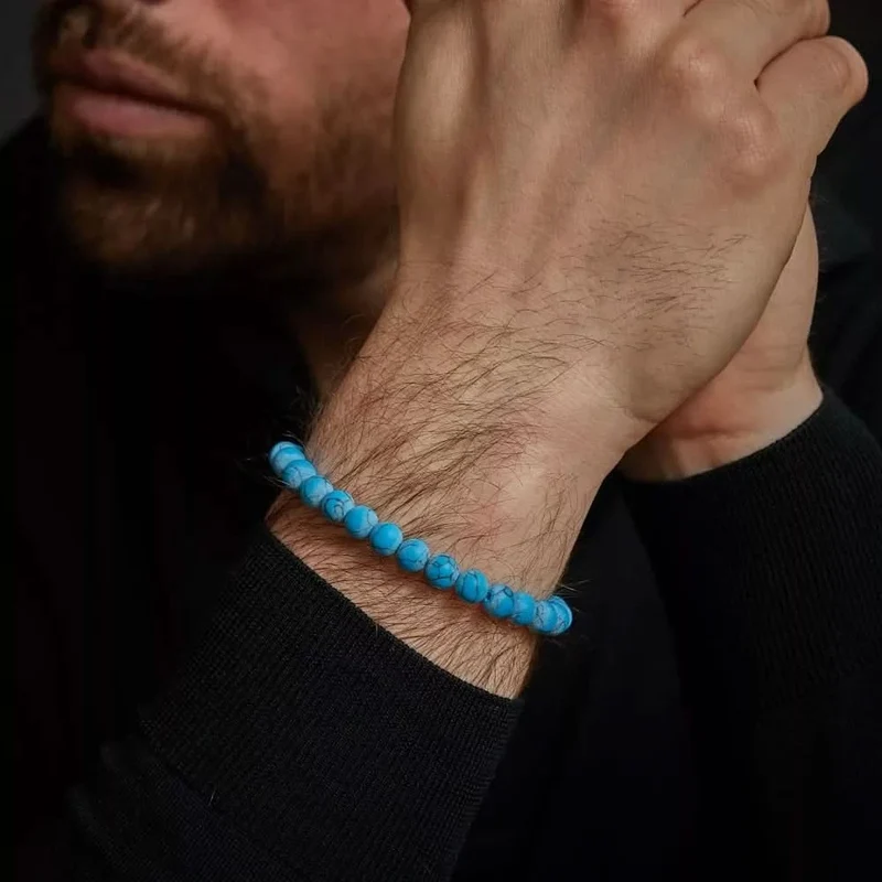 Armband aus 8mm großen Turqurenit-Steinen mit Edelstahlverschluss - Rebel&Rose Modell: RR-80043-S-L