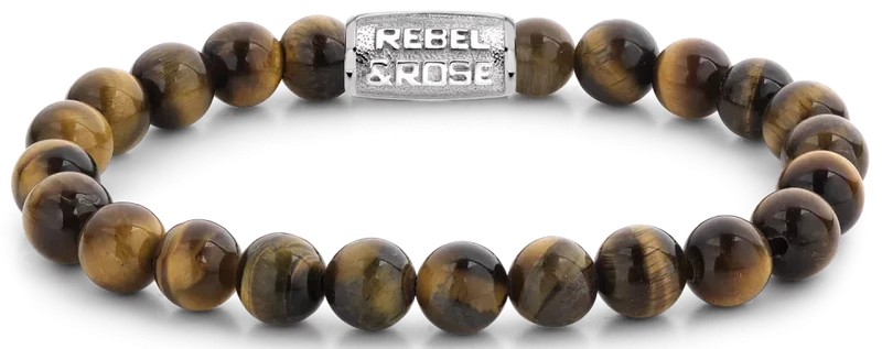 Armband aus 8mm großen Tigerauge-Steinen mit Edelstahlverschluss - Rebel&Rose Modell: RR-80042-S-M
