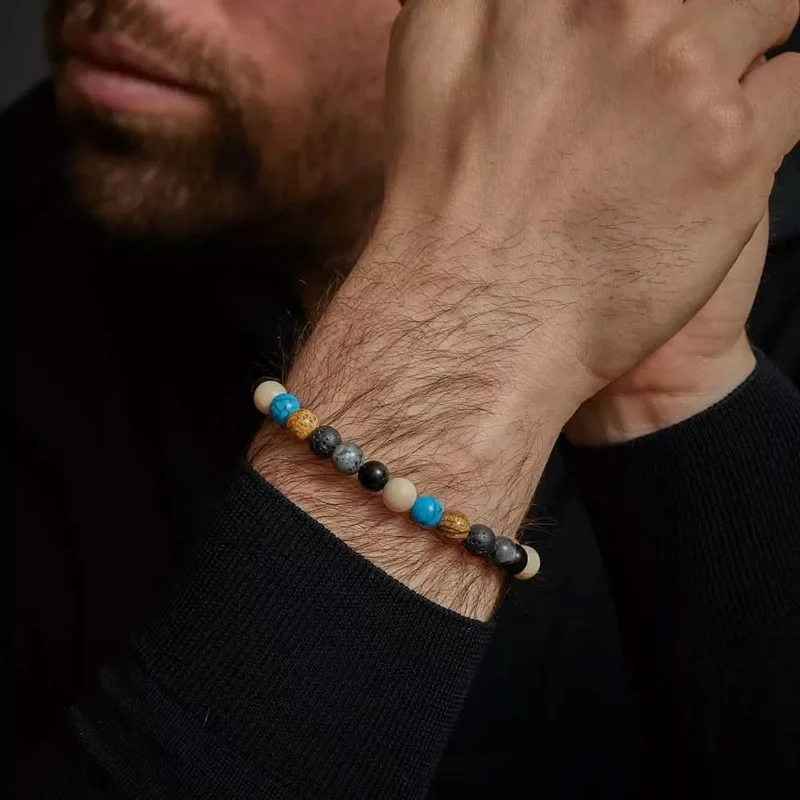 Armband aus 8mm großen Edelsteinen aus Achat, Larvikit, Lavastein, Bild Jaspis, Turqurenit und Fossil mit Edelstahlverschluss - Rebel&Rose Modell: RR-80064-S-M
