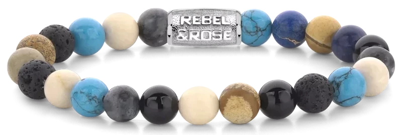 Armband aus 8mm großen Edelsteinen aus Achat, Larvikit, Lavastein, Bild Jaspis, Turqurenit und Fossil mit Edelstahlverschluss - Rebel&Rose Modell: RR-80064-S-L