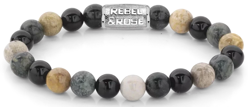 Armband aus 8mm großen Edelsteinen aus Rhyolith, Chrysantheme und Achat mit Edelstahlverschluss - Rebel&Rose Modell: RR-80051-S-L