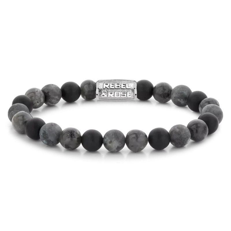 Armband aus 8mm großen grauen Edelsteinen mit Edelstahlverschluss - Rebel&Rose Modell: RR-80069-S-L