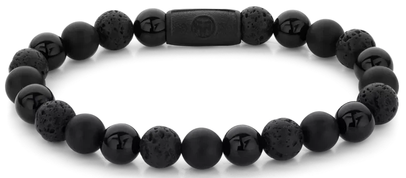 Armband aus 8mm großen schwarzen Edelsteinen mit schwarzem Stahlverschluss - Rebel&Rose Modell: RR-80073-B-L