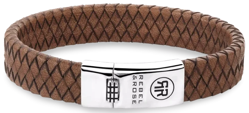 Armband aus 12mm dickem, braunem Leder mit Silberverschluss - Rebel&Rose Modell: RR-L0157-S-L