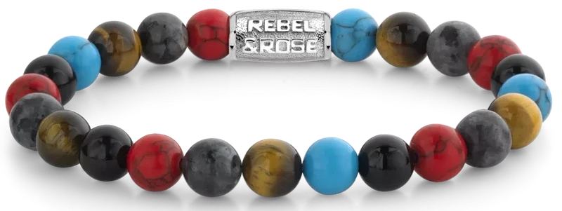 Armband aus 8mm großen bunten Natursteinen mit Edelstahlverschluss - Rebel&Rose Modell: RR-80083-S-M