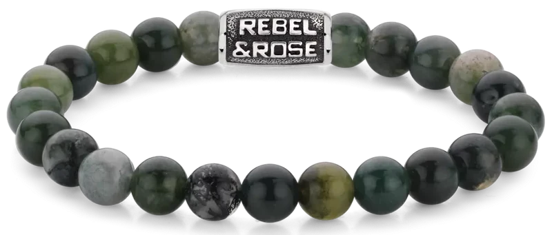 Armband aus 8mm großen dunkelgrünen Moos-Achat-Edelsteinen mit dunkelgrünem Stahlverschluss - Rebel&Rose Modell: RR-80098-V-L