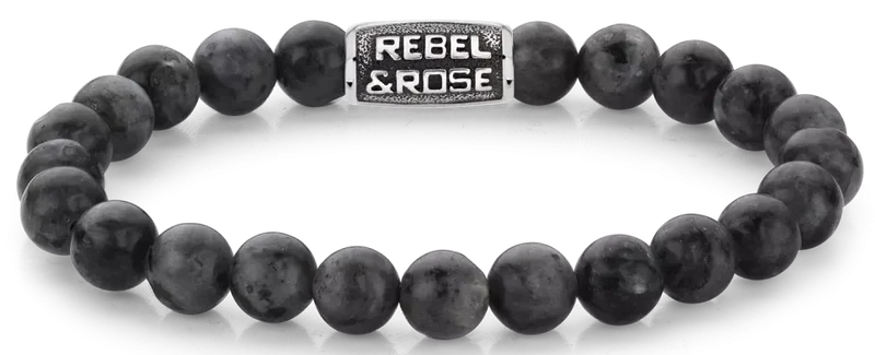 Armband aus 8mm großen schwarzen Larvikit-Edelsteinen mit schwarzem Stahlverschluss - Rebel&Rose Modell: RR-80097-V-L