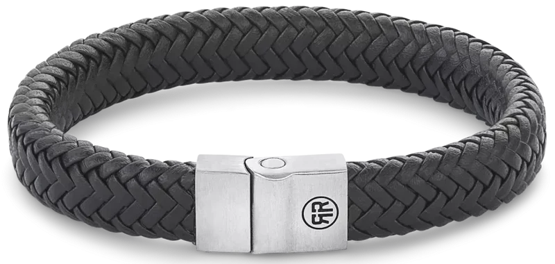 Armband aus 12mm dickem, schwarzem Leder mit Edelstahlverschluss - Rebel&Rose Modell: RR-M0019-S-L